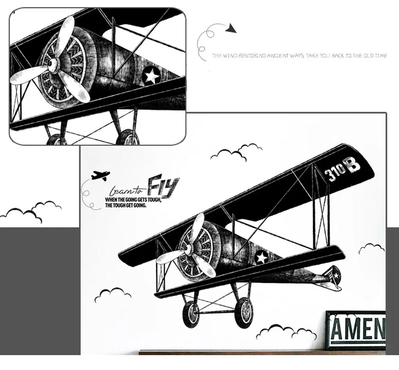 1х черная большая наклейка на стену с изображением самолёта для детской комнаты, декор для рукоделия, художественные Съемные Виниловые Наклейки на стены, обои 130*93 см