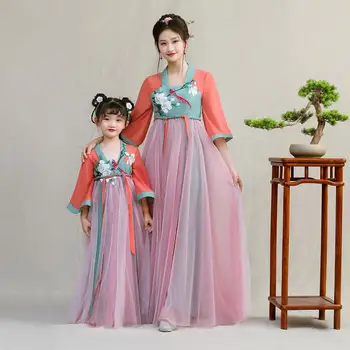 

Mother Daughter Runway Dress Mom Girls Flower Hanfu Dresses Mommy Girl Match Twinning Party Dress Family Look Outfits Tang Suit