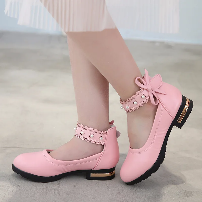 Baby Girls Bowtie Princess Leather Shoes Kids High Heel Dress Shoe