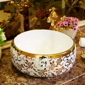 

Jingdezhen Ceramic Bathroom Wash Art Basin Gold Rattan pattern Drum Washbasin In Bathroom