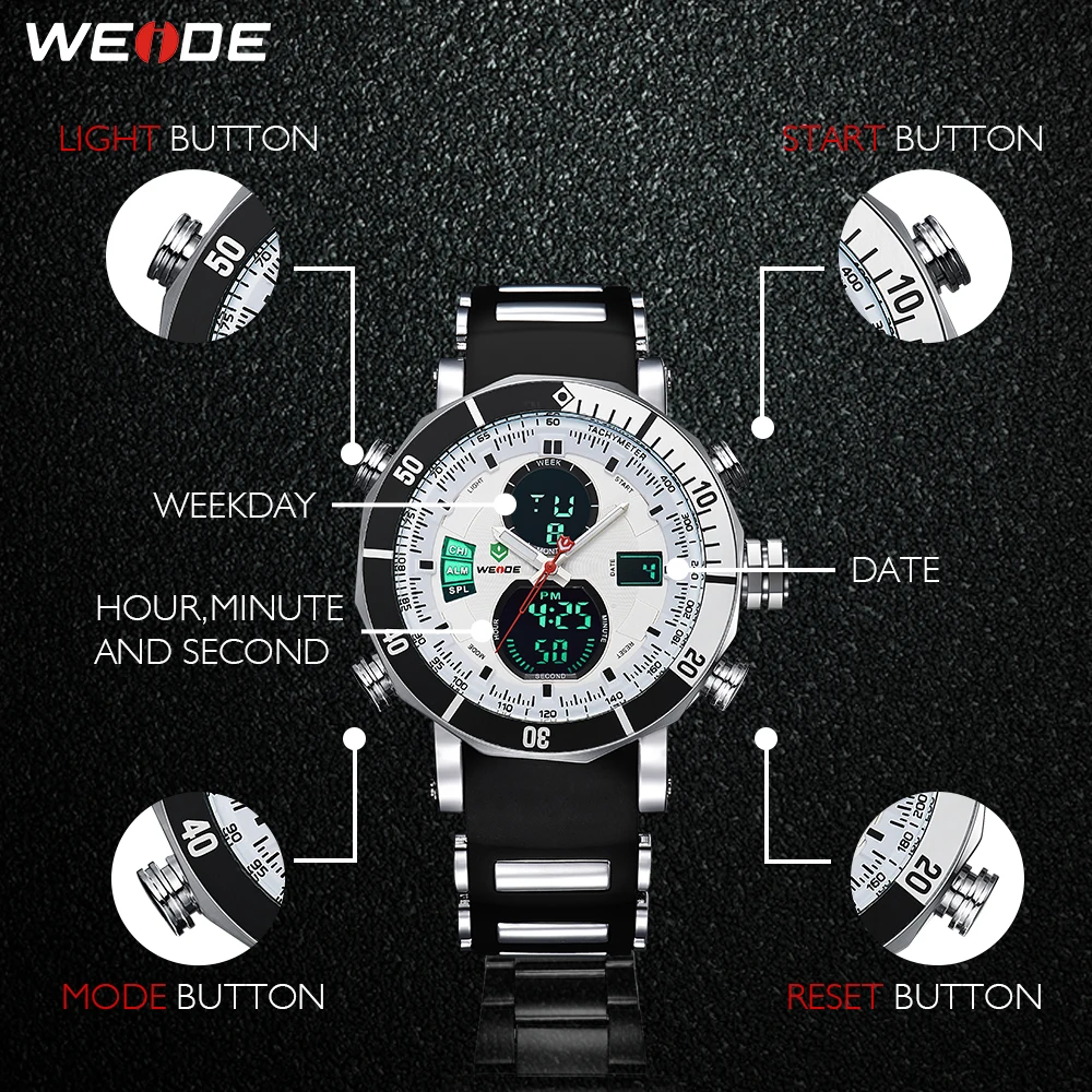 Billig WEIDE Sport Männer Stoppuhr AutoDate Militär Armee Quarz Repeater Digital Quarz Alarm Multiple Time Zone Uhr Relogio Masculino