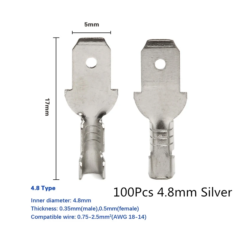 200 шт. Женский обжимной разъем 2,8/4,8/6,3 мм золотой Латунный автомобильный динамик Электрический провод Разъемы набор 22-16 AWG - Цвет: 100 4.8mm Silver