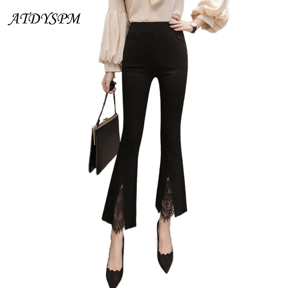 

2019 new women's high waist flared pants solid color elastic waist skinny pants sexy lace stitching casual pants