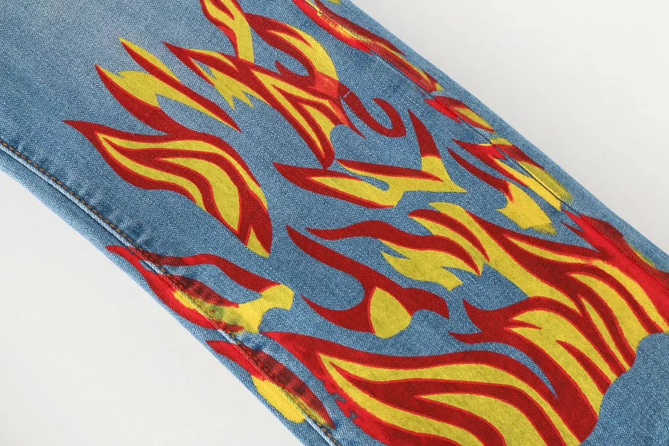 2017 new European and American fashion flame printed elastic waist horn jeans women 2017 new European and American fashion flame printed elastic waist horn jeans women
