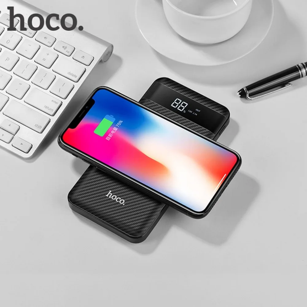 HOCO power bank 10000 мАч, портативное зарядное устройство для быстрой зарядки, двойной USB, беспроводное зарядное устройство для мобильного телефона, внешний аккумулятор