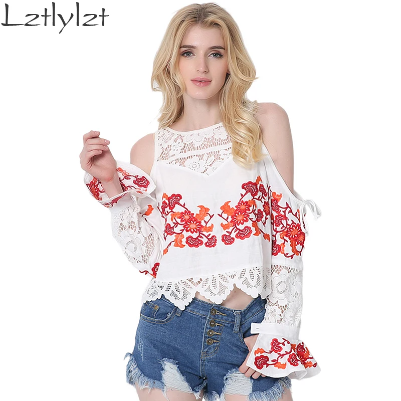 lztlylzt Brand Fashion Embroidery Flare Sleeve women Tops and blouses