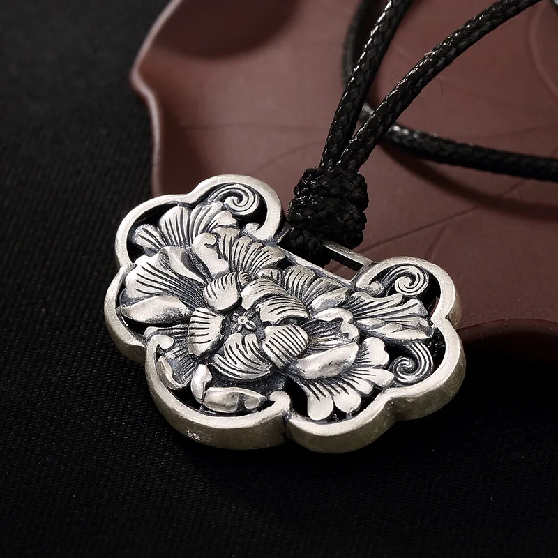 

S990, Silver, Antique, Matte, Peony Flower Pendant, Sterling Silver, Lady's Top Grade Antique Pendant Wholesale.