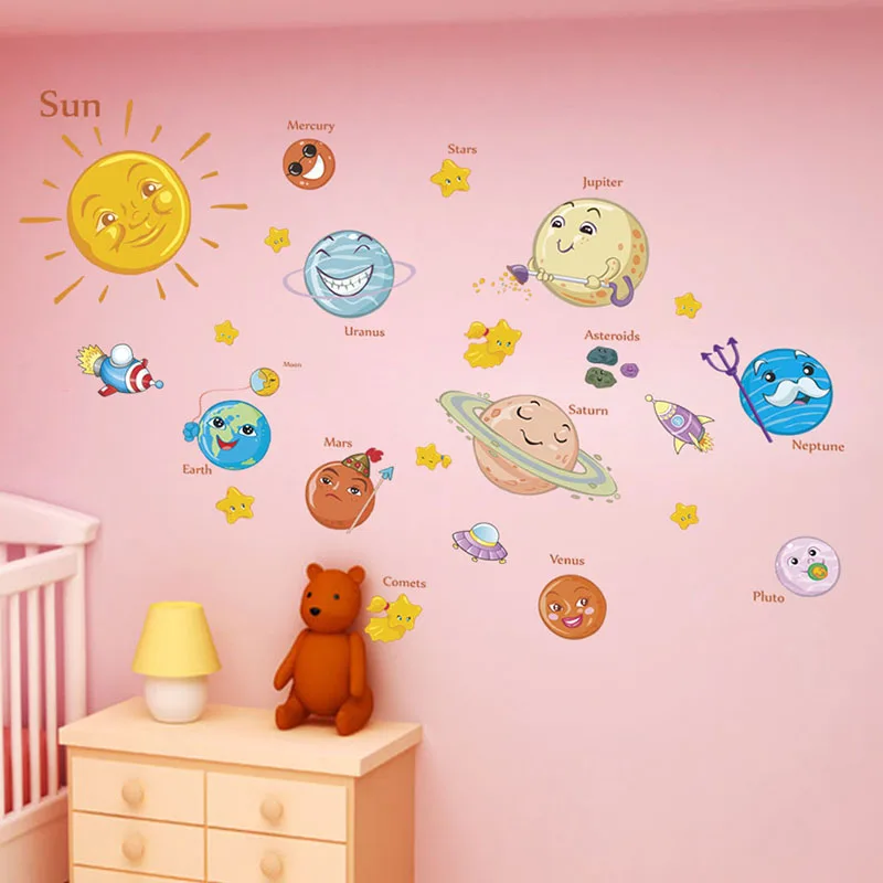 Lovely Solar System Wall Stickers For Nursery Kids Rooms Decorations Outer Space Planets Home Decor Mural Wall DIY Art Decals