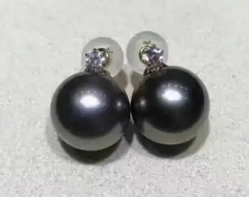 

free shipping charming 10-11mm tahitian black green round pearl earring 18k