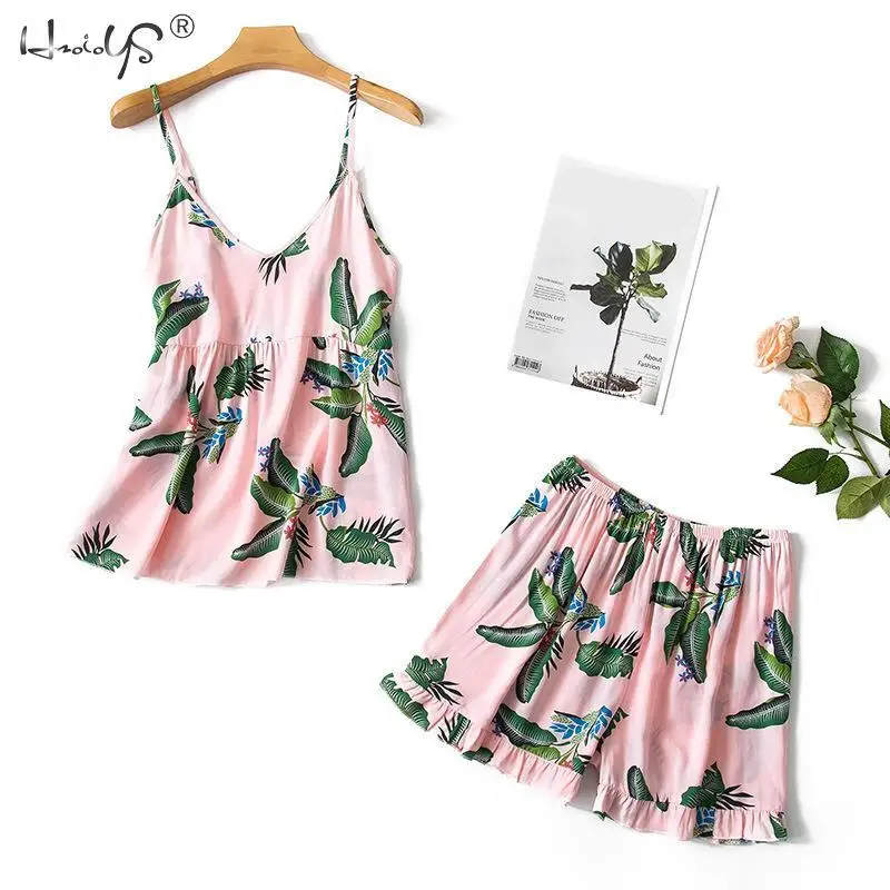 Пижама с принтом листьев для женщин, женская пижама с цветочным рисунком, летний комплект 2019, Пижама для женщин, сексуальная пижама с