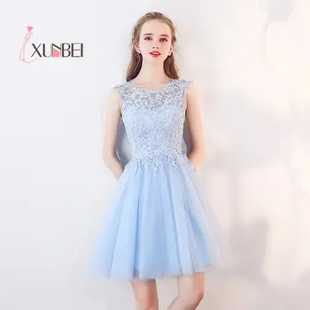 

Elegant Vestido 15 ano curto Light Blue Lace Homecoming Dresses Appliqued 8th Grade Graduation Dress Short Prom Dress