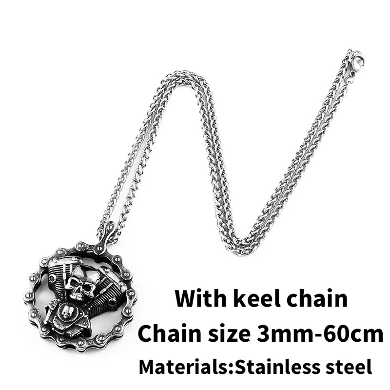 with keel chain Стальной солдат панк череп мотоциклы двигатель кулон из нержавеющей стали Рок Байкер готический крест мужской кулон - Окраска металла: with keel chain