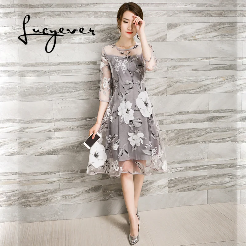 

Lucyever Organza summer women dress o-neck print floral sexy mesh midi Knee-Length Korean elegant party vestidos de fiesta 2019