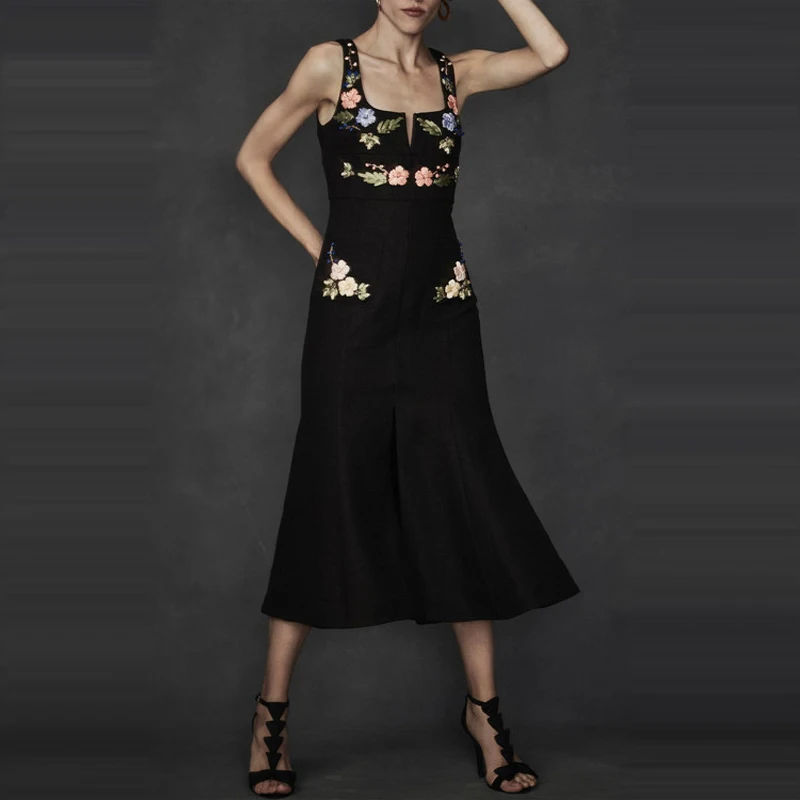 

Ky&Q 2019 New Summer Floral Embroidery Black Dresses Women Party Midi Dresses Vintage Sleeveless Sundress Prom Vestidos
