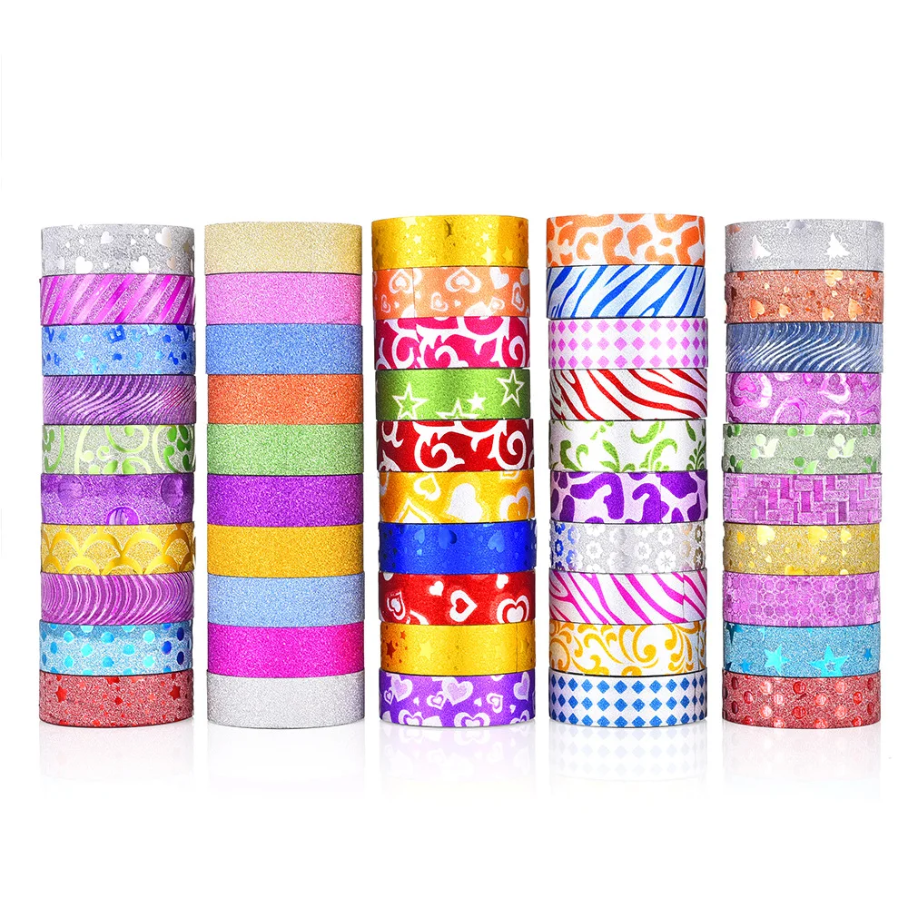 Washitape Cinta Adesiva Decorativa Fita Washi Brilho Kawaii Bonito Adesivos Scrapbooking Papelaria 50 Pçs - Set 6 Fita adesiva p/ escritório