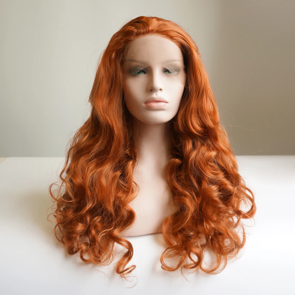 

24" Basic Natural Curly Long Orange Red Halloween Fashion Lace Front Wig Heat Resistant+Cap H793327