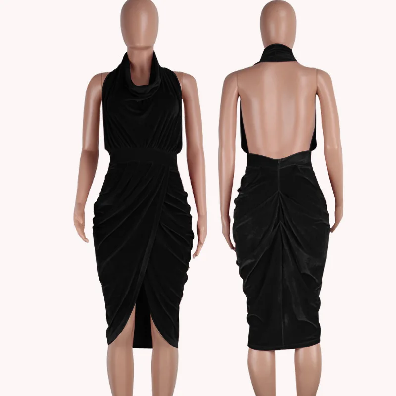 ShejoinSheenjoy Halter Sleeveless Autumn Dress Wrapped Split Backless Fold Sexy Women Dress Velvet Midi Party Dresses Clothing (3)