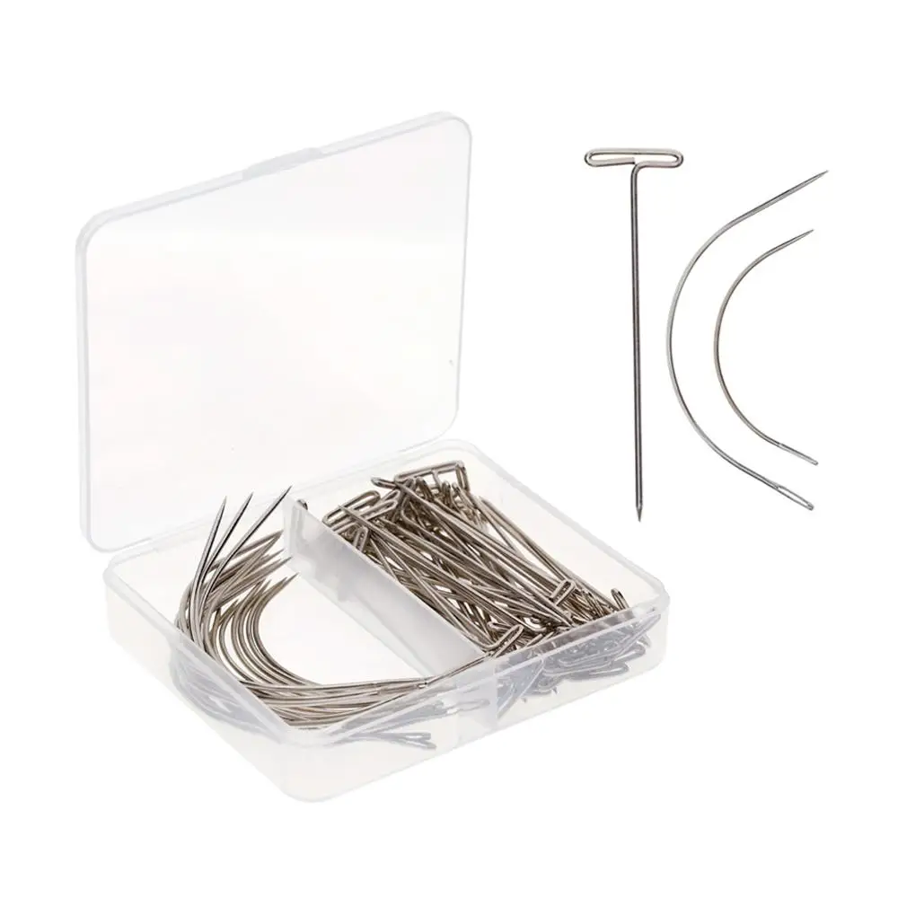 70PCS Wig Making Pins Needles Set T Pins+2.5/3.5 inch C Curved Hair