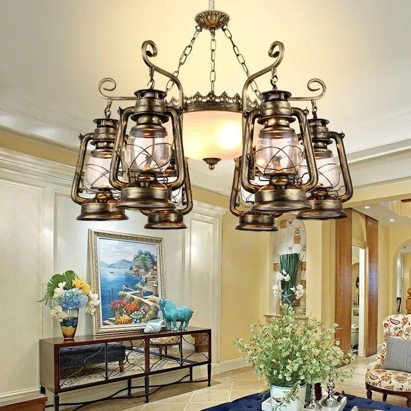 

Retro Kerosene Chandelier Horse Lantern Chandelier Metal Chandelier Bar Living Room Restaurant Decorative Handing Lamps AL078