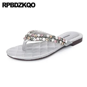 

Women Sandals Flat Summer 2018 Slip On Jewel Rhinestone Bling Diamond Designer Pink Holiday Flip Flop Nice Crystal Shoes Silver