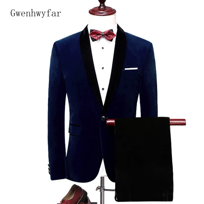 Gwenhwyfar 2018 High Quality Velvet Men Suit Navy Blue ...