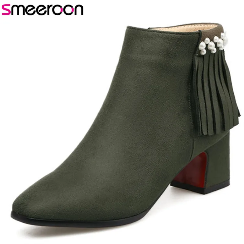 

Smeeroon zip+fringe autumn winter boots for women square toe high heels high quality ankle boots ladies shoes big size 33-43