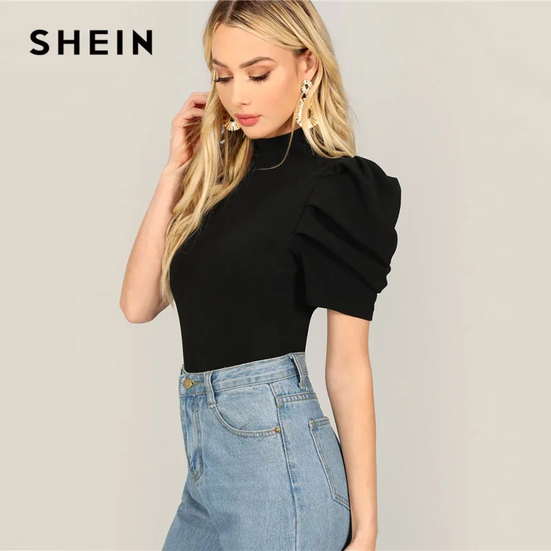 SHEIN السيدات نفخة الأكمام انقطاع الخلفي التي شيرت أنيقة النساء Highstreet الوقوف طوق قصيرة الأكمام 2019 الربيع تيز SHEIN السيدات نفخة الأكمام انقطاع الخلفي التي شيرت أنيقة النساء Highstreet الوقوف طوق قصيرة الأكمام 2019 الربيع تيز