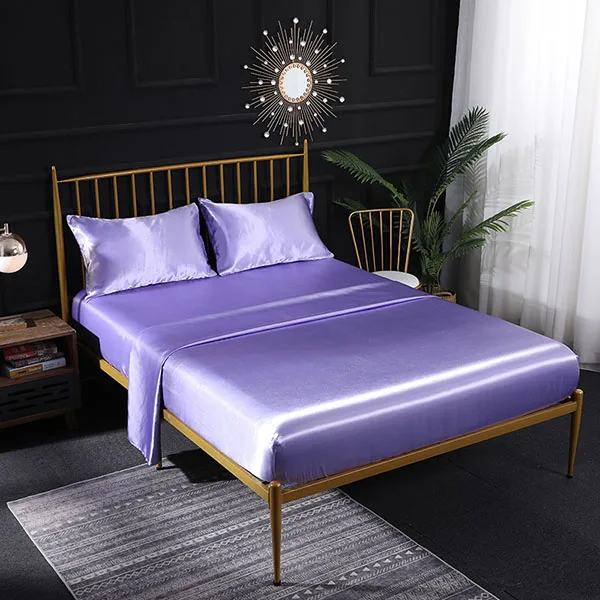 Satin imitate Silk Bed Sheet Flat Elastic Fitted Sheet King Queen Twin US UK Mattress Cover Slip Bedspread Bed linen Pillowcase - Цвет: light purple