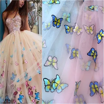 

Exquisite Butterfly Lace Fabric With Soft Tulle In White/Pink Wedding Dress Fabric 140CM Wide 1 Yard