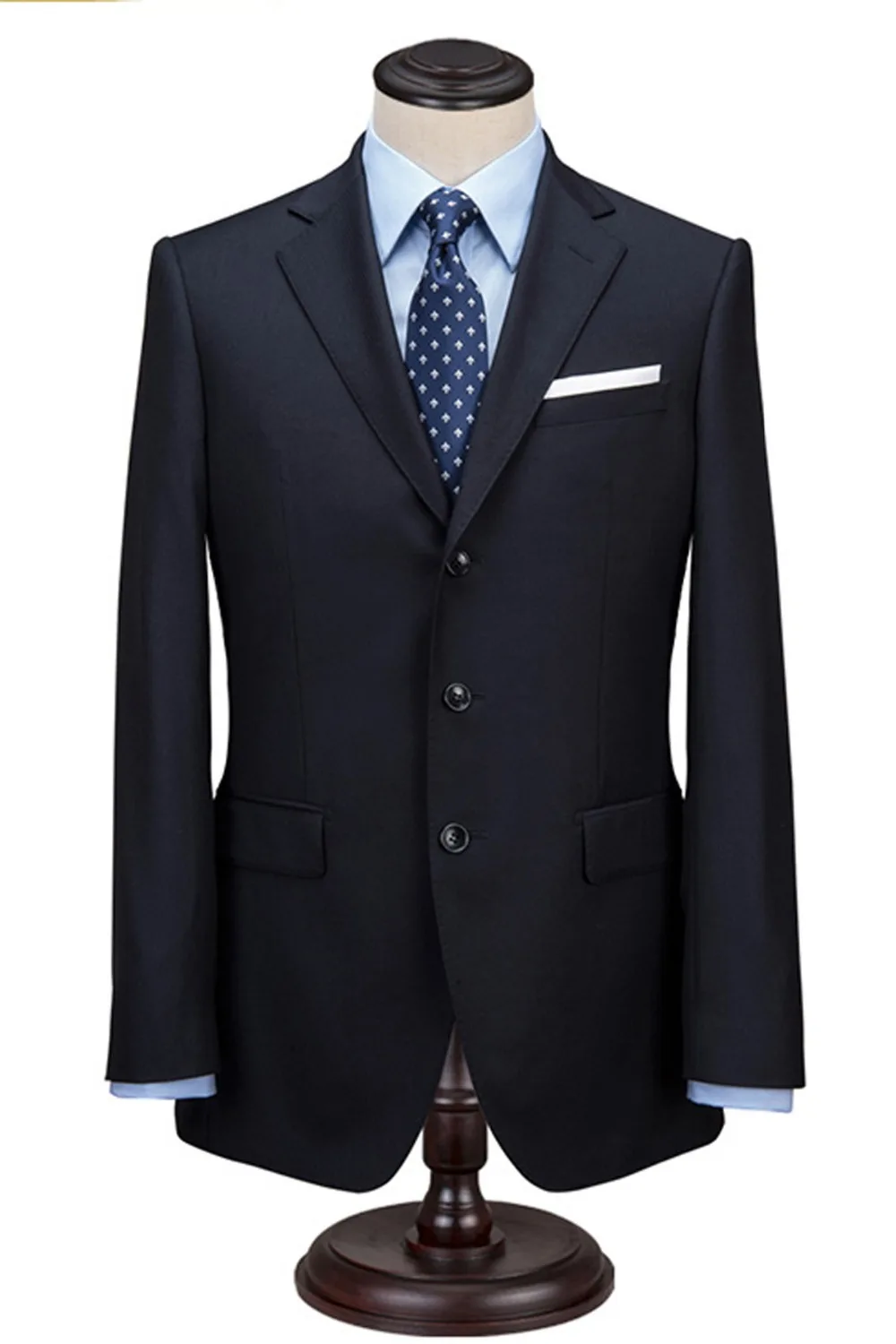 

Worsted Wool black 3 button notch lapel with pick stitching around lapel double vent Custom Made Mens suit