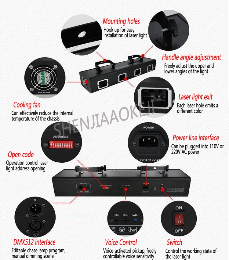 Сценическое освещение полный цвет четыре головы четыре цветной лазерный луч 60 Вт Профессиональный пучковый лазер DMX голосовой активированный луч лазер