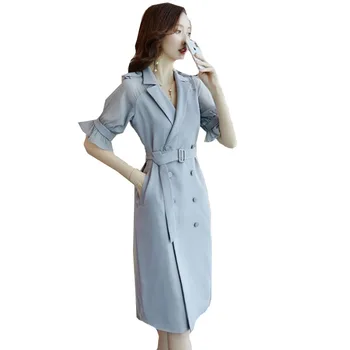 

2019 Summer Female Office Lady Chiffon Dress Half Lace Sleeve Notched Knee-Length Business Dress With Saches Design Uniform