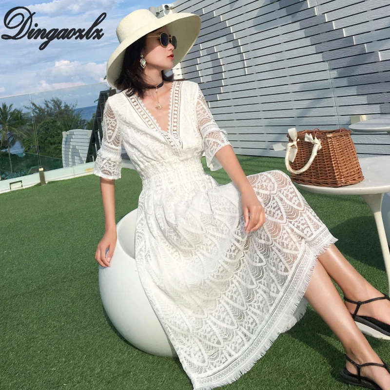 

Dingaozlz Hollow out Lace Dress Slim Sexy Summer Beach dress Fashion Women Casual dress Vestidos