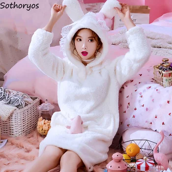 

Nightgowns Women Warm Hooded Long Sleeve Thicker Cartoon Knee-Length Womens Sleepshirts Sweet Kawaii Soft Students Sleepwear