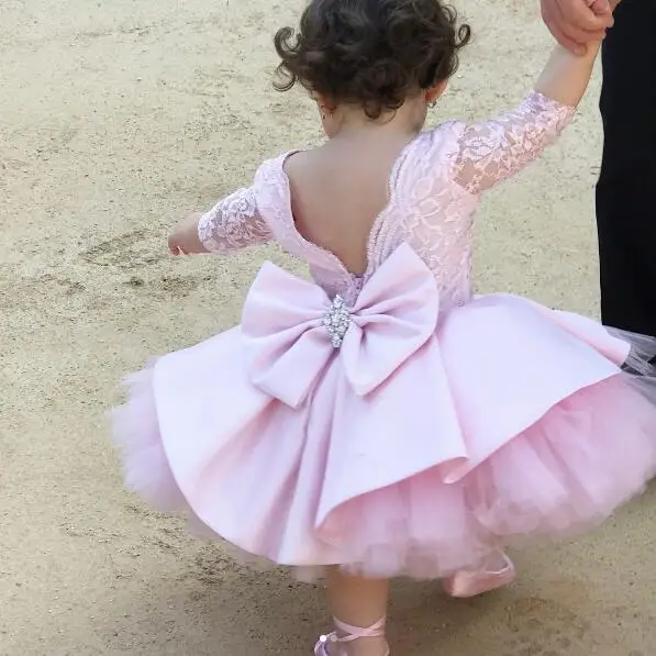 

Pink lace baby tutu dress with sleeves V back crew neck infant birthday party outfit Easter celebration gown for special day
