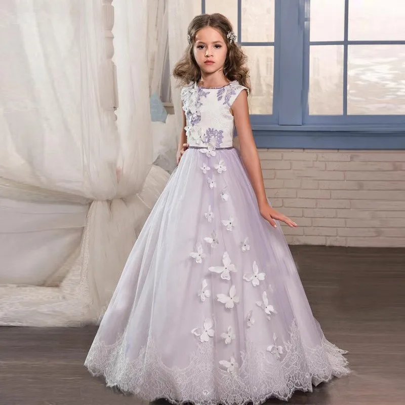 

2018 Lace Long Sleeves Ball Gown Flower Girls Dresses Full Butterfly Kids Pageant Gowns Little Girl Birthday Party Dresses