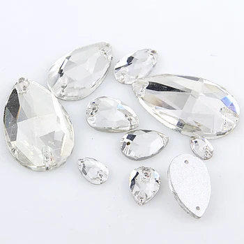 

Crystal Clear Teardrop Glass Flatback Sew On Rhinestone With 2 Holes Stones For DIY Wedding Dress Accessories