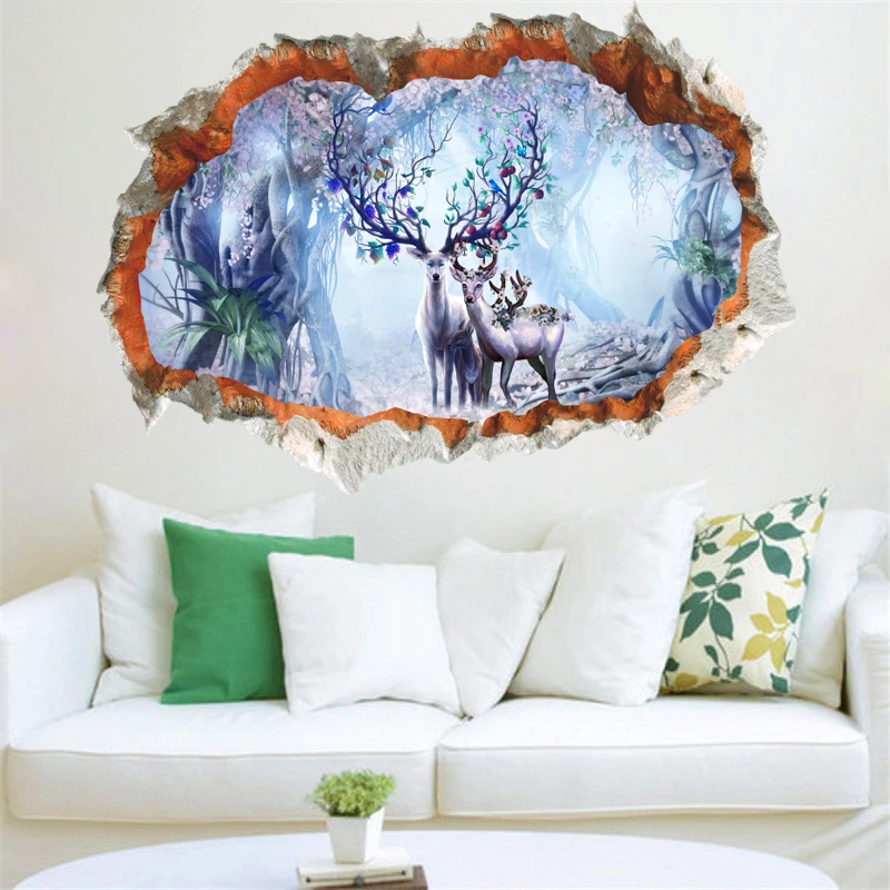 

fantastic forest deer tree through wall stickers home decor living room 3d vivid scenery wall decals art pvc posters diy mural