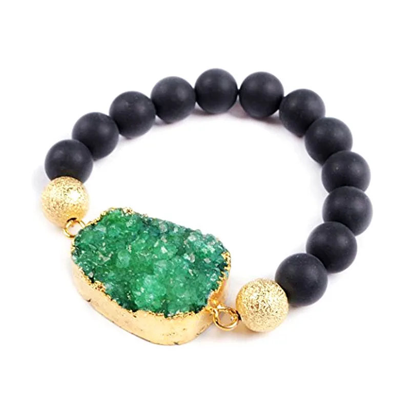 

Nature Druzy Stones Pendan & 10mm Black Stone Bead Strand Wrap Stretch Bracelet For Women