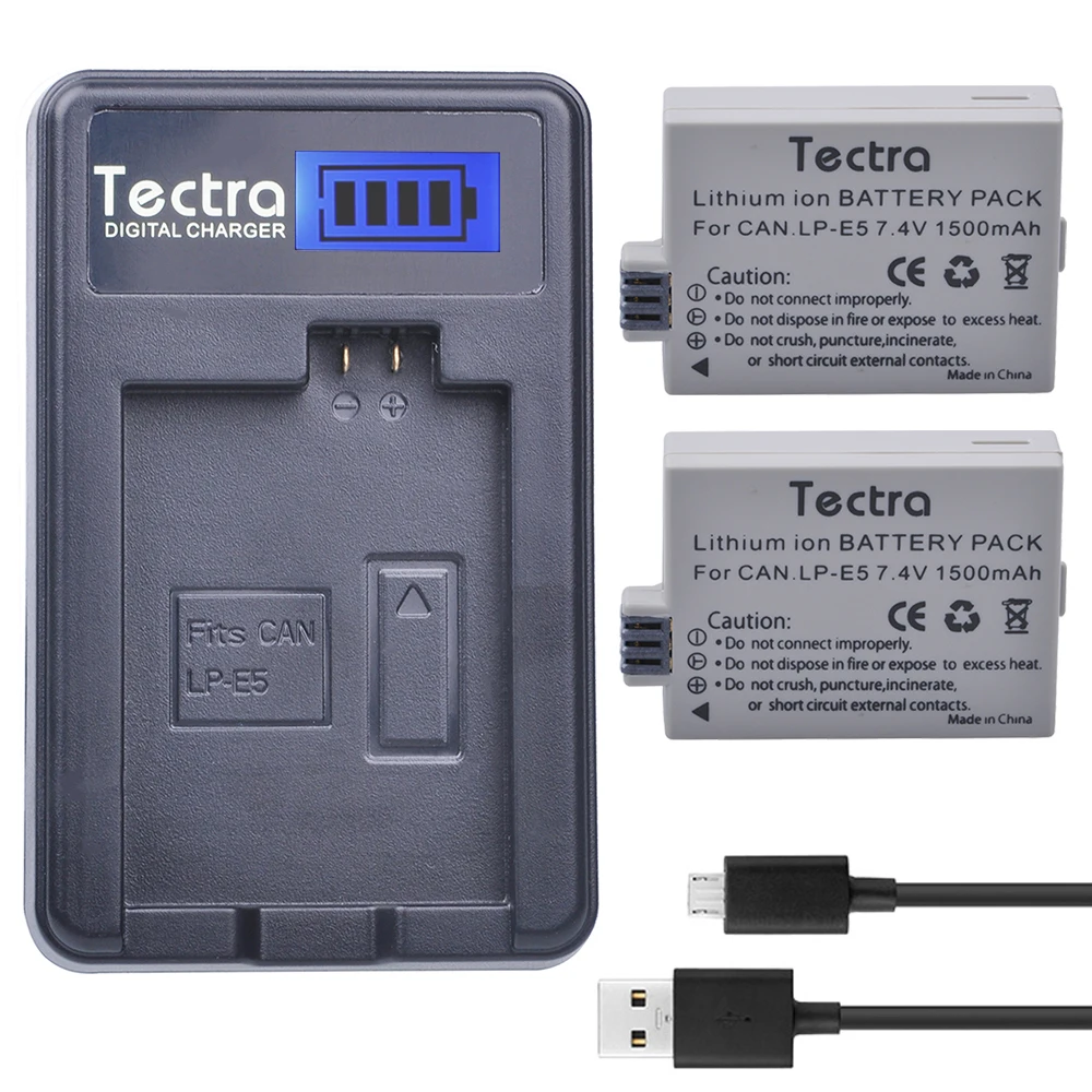 Tectra 2 Pz Lp-E5 Lpe5 1500 Mah Li-Ion Battery + Usb Lcd Caricabatterie Per Canon Eos Rebel Xs Rebel T1I Rebel Xsi 1000D 500D 450D Bacio X3