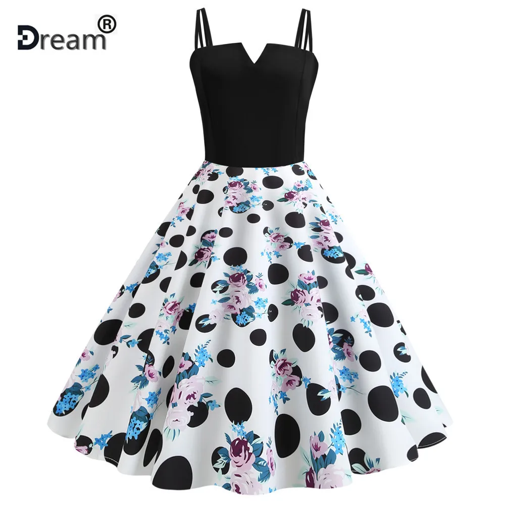

Women V Neck Vintage Dress Summer Club Dress Spaghetti Strap Sexy Empire Party Dress Elegant Dot Print Beach Midi Dress