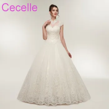 

2019 New Designer Ball Gown Wedding Dresses Cap Sleeves High Neck Corset Back Floor Length Western Bridal Gowns Ready to Ship