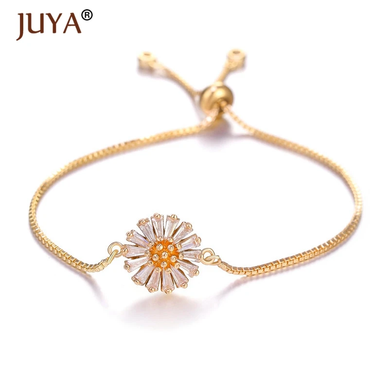 

Juya moda mujer 2019 Shiny Zircon Crystal SunFlower Charm Bracelet Gold Silver Rose Gold Chain Bracelets Bangles For Women Femme