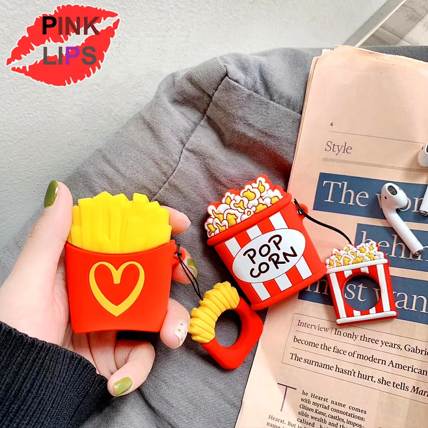 

PINK LIPS Cute 3D Popcorn French fries Silicone Earphone Shockproof Case For Airpods Wireless Bluetooth Headset Box bag Case
