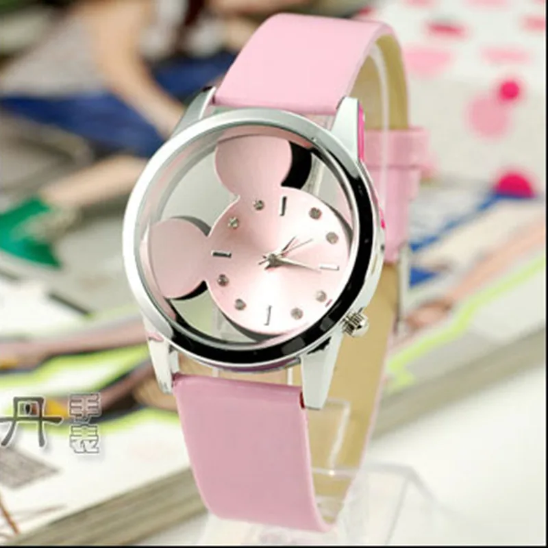 

2019 Fashion Cartoon Mickey women Men Transparent Hollow quartz watches Leather strap Kid girl Gift Relogio Feminino