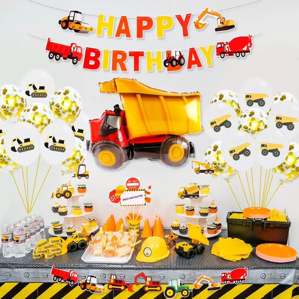 Excavator Vehicle Birthday Balloons Truck Cake Topper Happy Birthday Banner Construction Birthday Party Decor Kids Baby Shower
