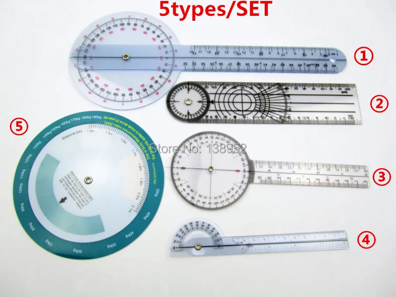5 типов/набор сочетание медицинский Гониометр пластиковые транспортиры Угловые линейки BMI линейка