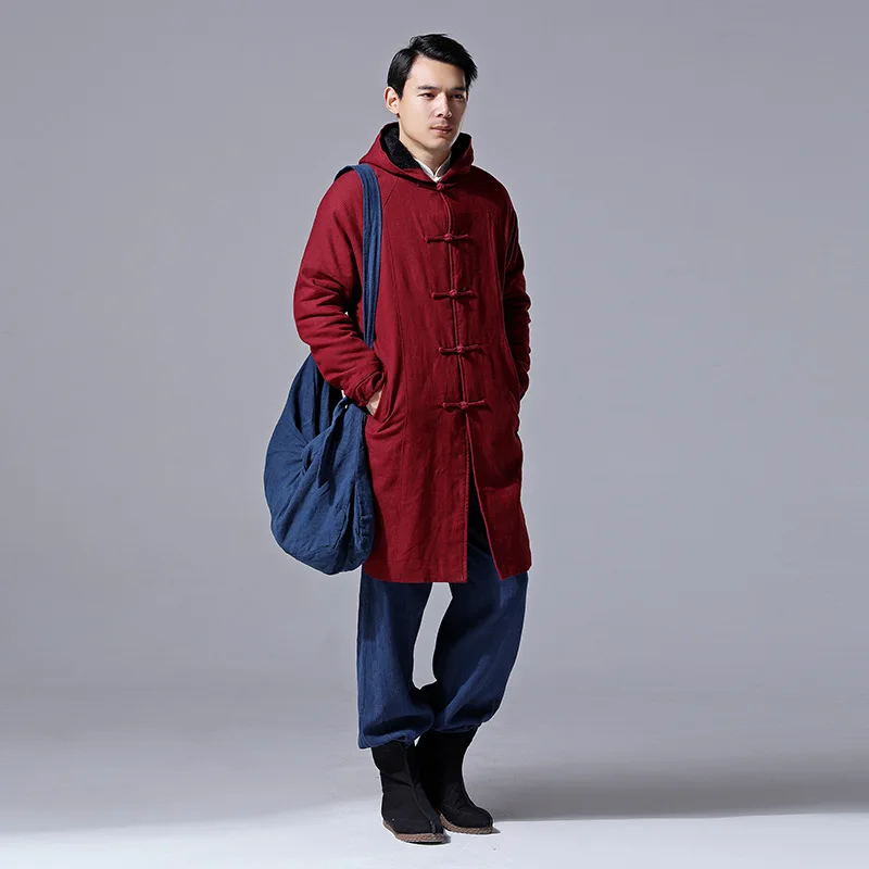 

Winter Clothing Vintage Chinese Style Coat Long Style Cotton and Linen Mens Dress Thick Hooded Trench D629