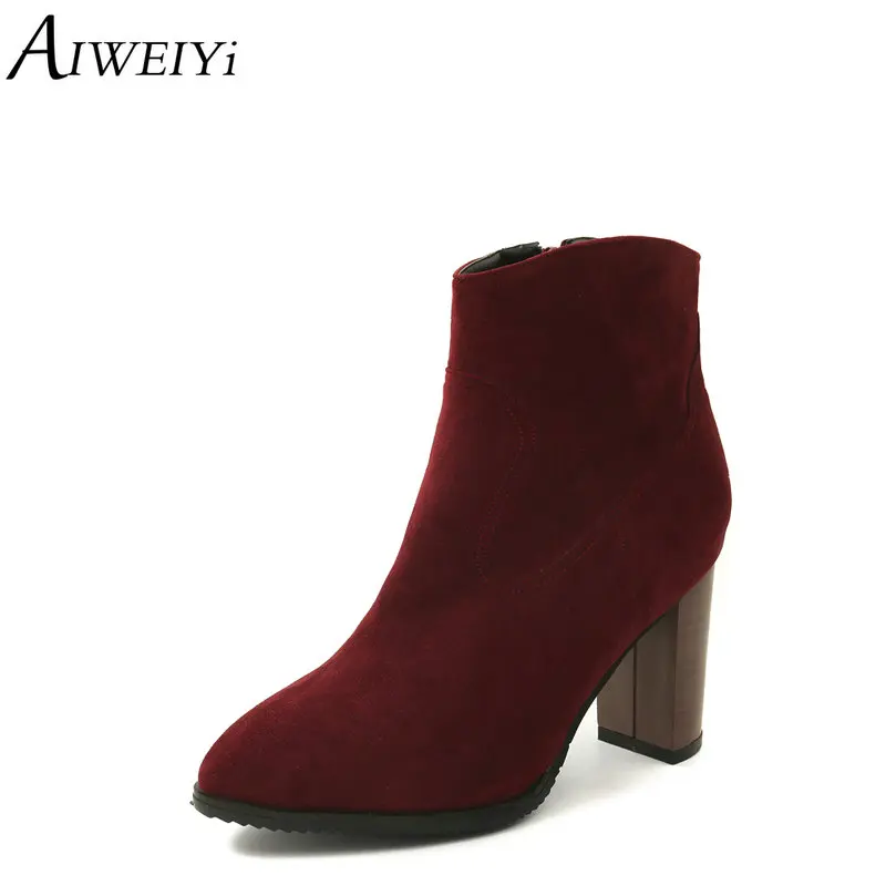 

AIWEIYi Ankle Boots for Women Flock Wood Heel High Heels Short Boots Western Style Autumn Winter Boots