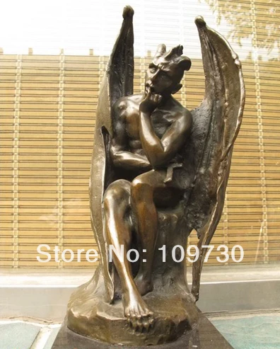 

001052 14" Fallen Angel wing Satan Demons Marble Bronze art Batman Statue